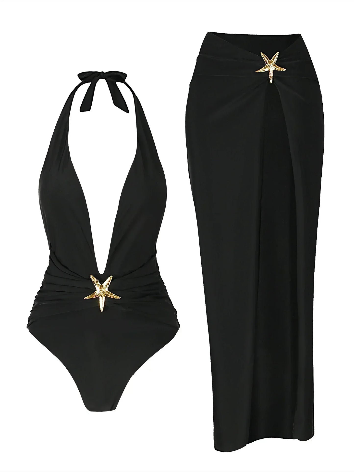 Elegant Starfish One Piece Bathing Suits with High Split Skirt Cover Up 2 Piece