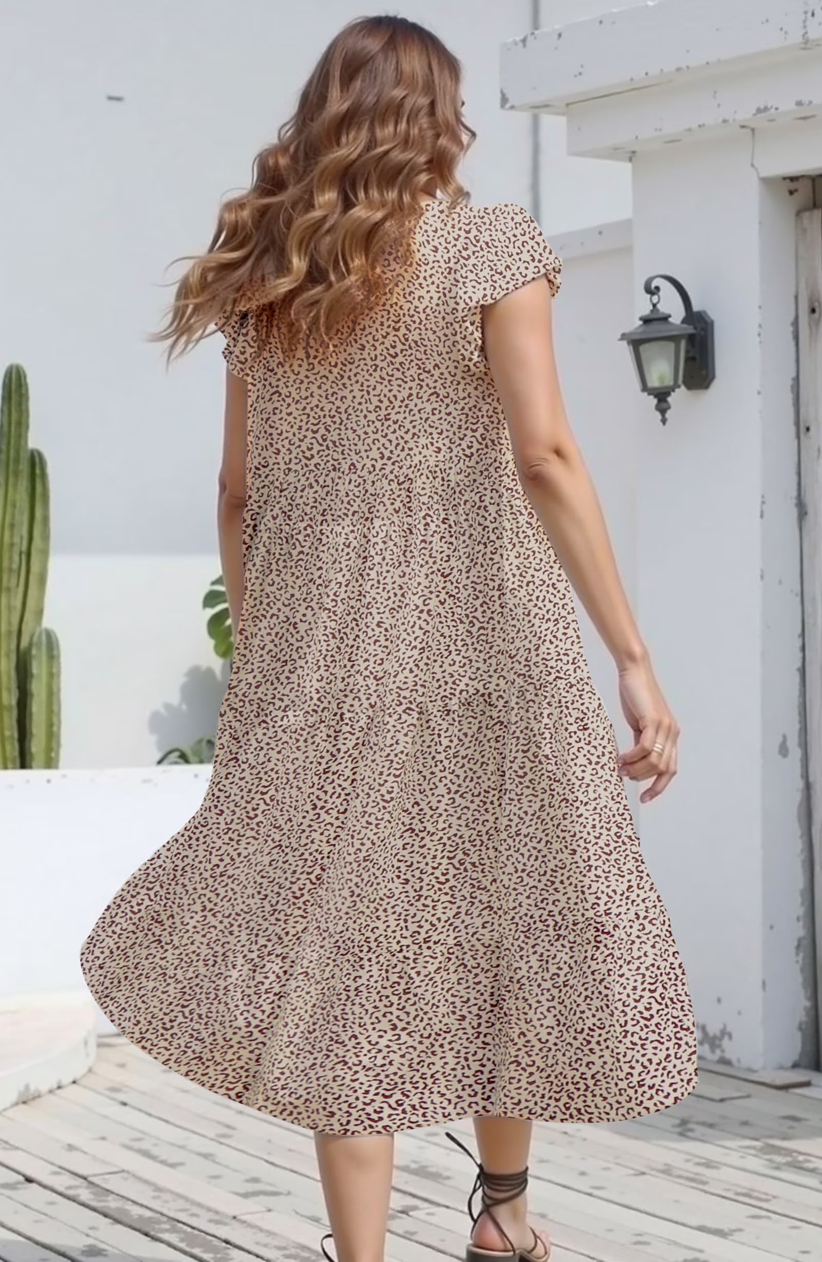 Dresses for Women Summer Casual Boho Dress Floral Print Ruffle Sleeve Midi Beach Dresses