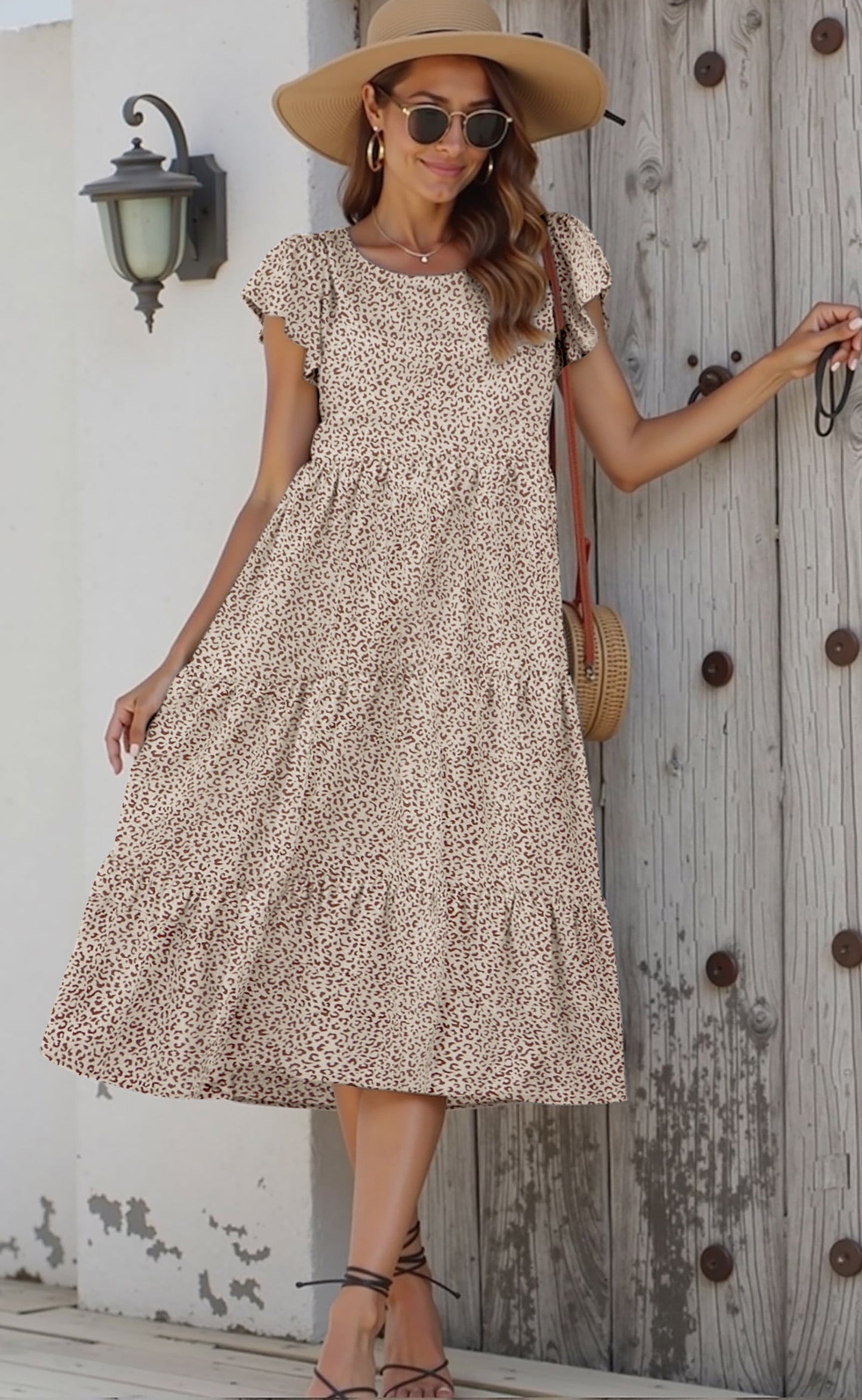 Dresses for Women Summer Casual Boho Dress Floral Print Ruffle Sleeve Midi Beach Dresses