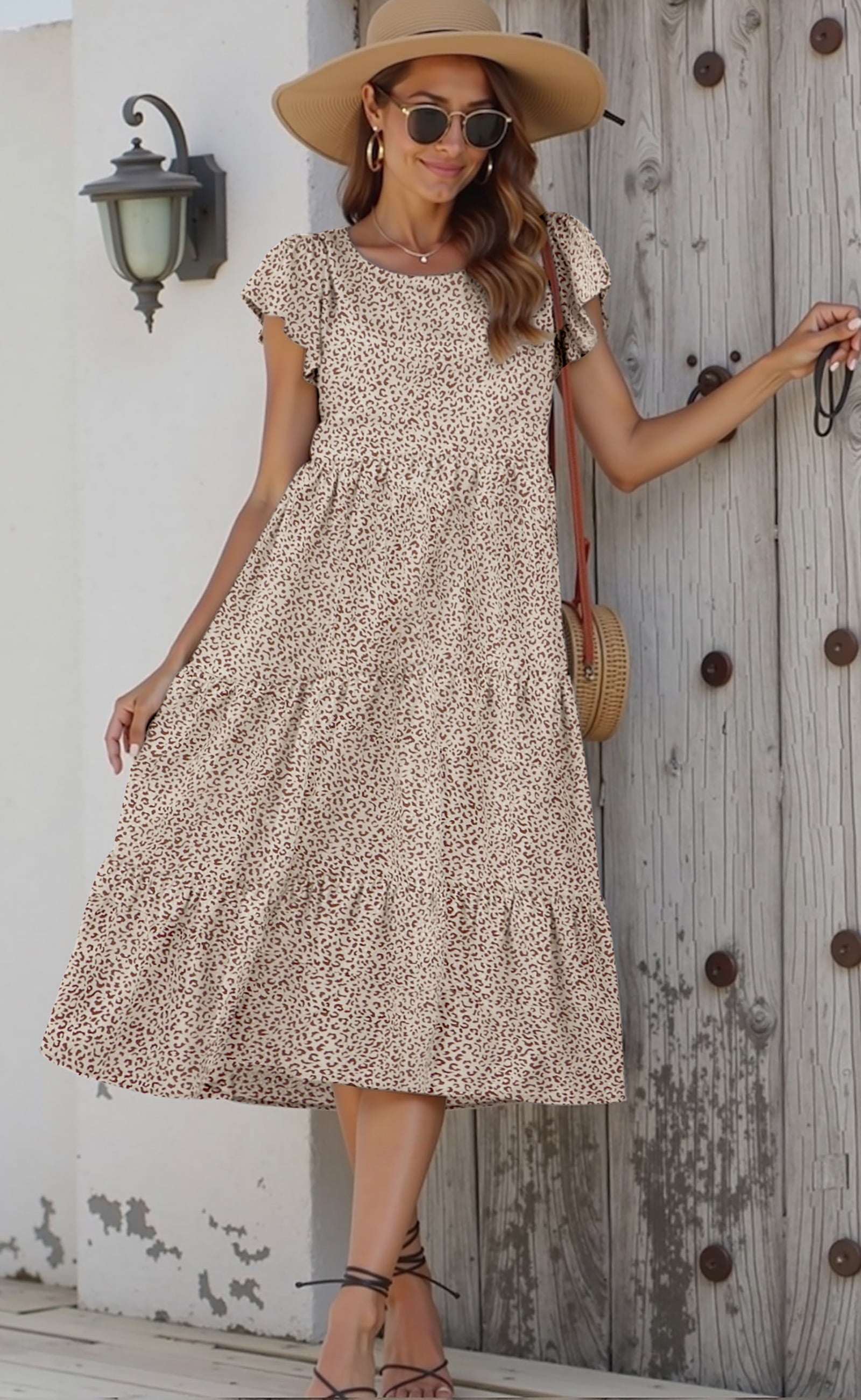 Dresses for Women Summer Casual Boho Dress Floral Print Ruffle Sleeve Midi Beach Dresses