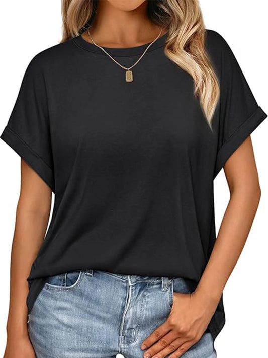 Women Casual Tops Summer Short Sleeve Crew Neck T Shirts Trendy Black Tunic Tee Solid Blouses for Lady Size XXL